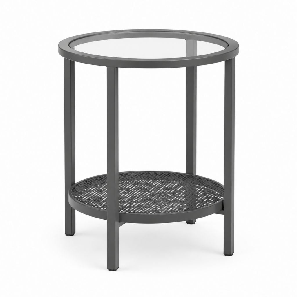 Runder Beistelltisch Schwarz aus pulverbeschichtetem Stahl und 5 mm Sicherheitsglas Ø 45 x 55 cm mit Ablage
