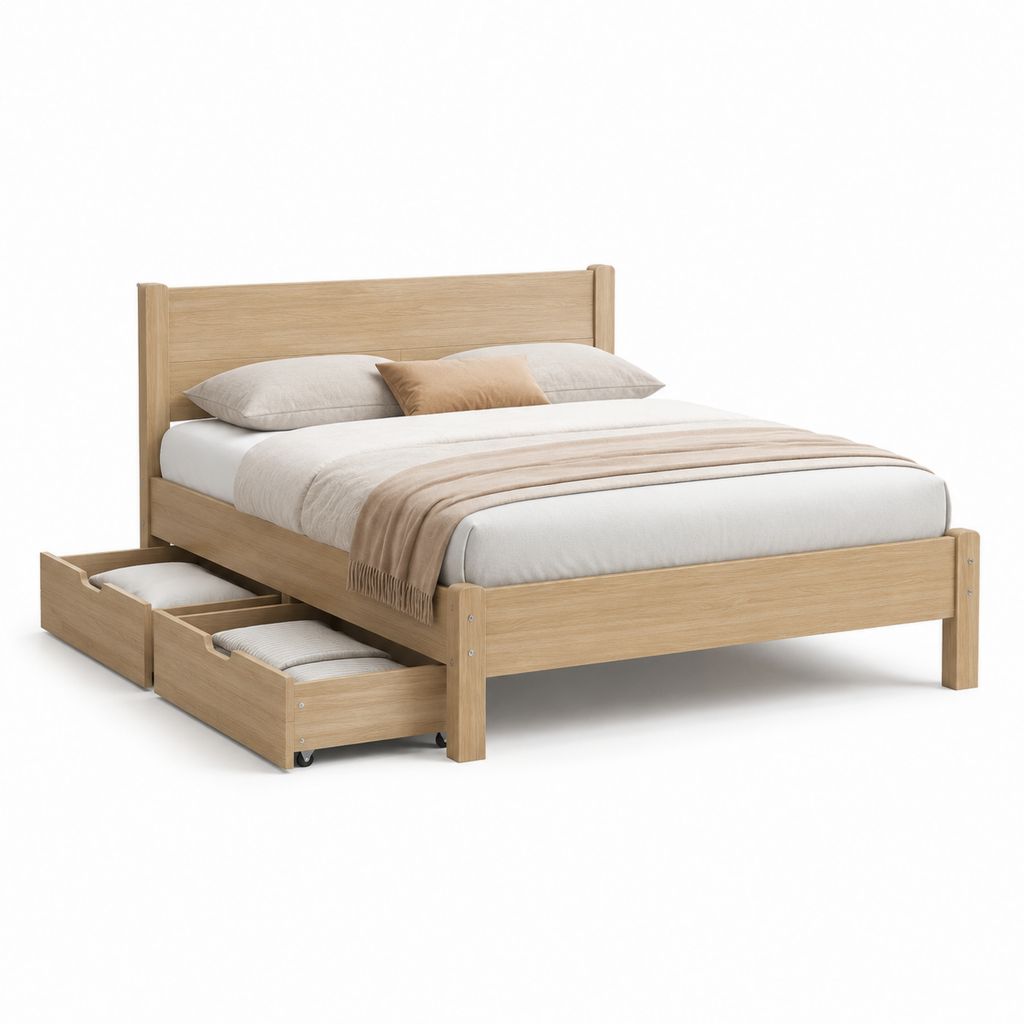 Doppelbett mit 2 Schubladen Natur Massivholz rechteckig für Matratze 160 x 200 cm