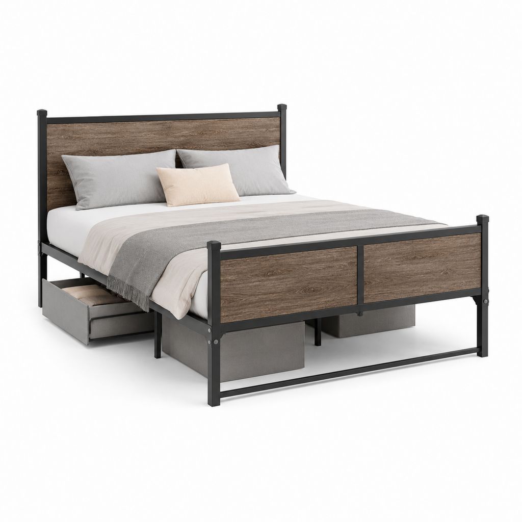 Metallbett Doppelbett mit Bettkasten Schwarz Braun Stahl MDF rechteckig 160 x 200 cm