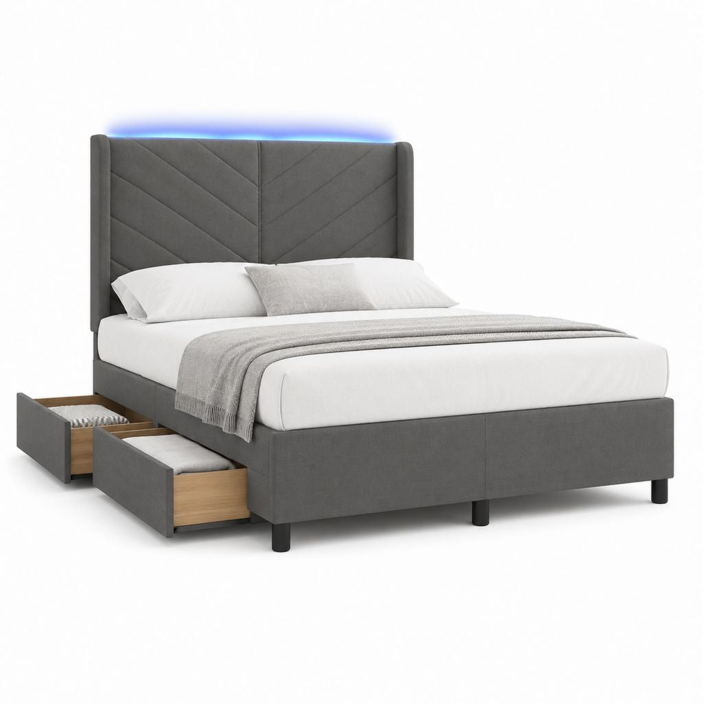Polsterbett Doppelbett mit 4 Schubladen und LED Kopfteil Dunkelgrau Polyester Rechteckig 160 x 200 cm