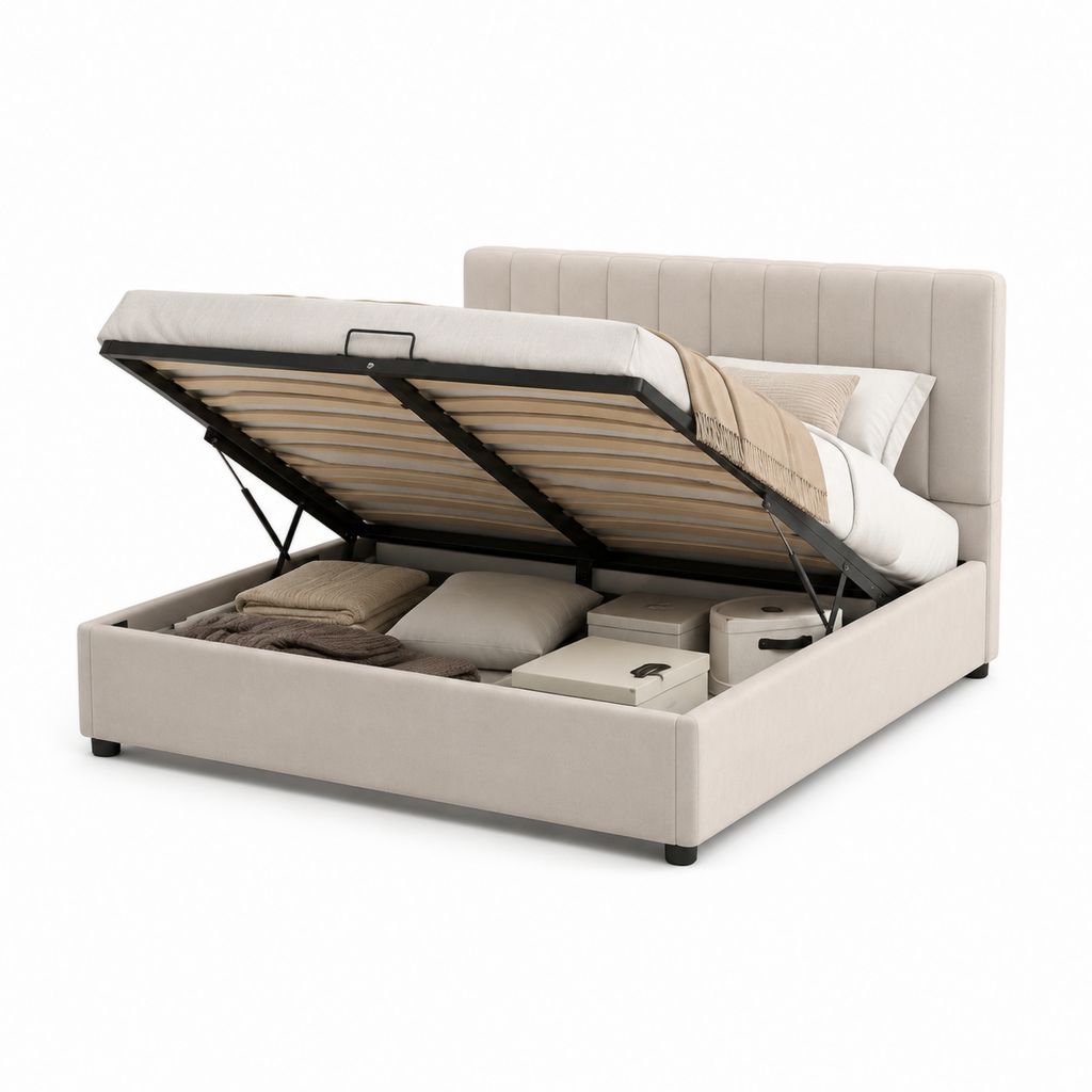 Stauraumbett Beige Polyester mit Gasdruckfeder und Lattenrost 160 x 200 cm