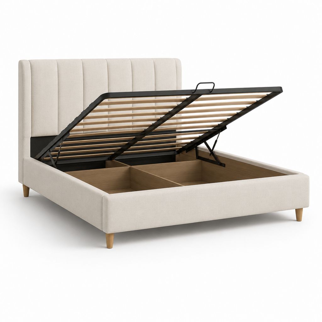 Polsterbett Doppelbett Beige Polyester Rechteckig mit Bettkasten und Lattenrost 160 x 200 cm